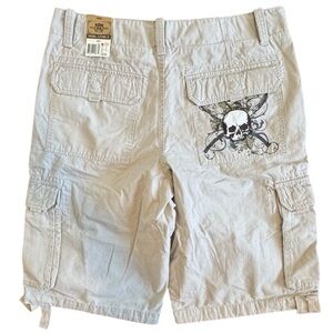 Y2K ROUTE 66 Cargo Shorts Mens 36 Beige Skull Pocket Cyber Grunge 100% cotton